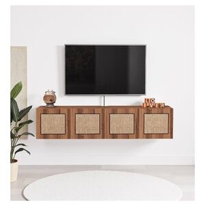 Wooden Wall-Mounted TV Console with Woven Panels